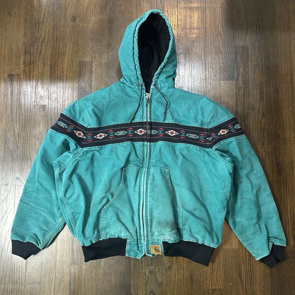 VTG Carhartt Men’s XXL Aztec Hooded Full Zip Jacket Aqua 90s Southwestern